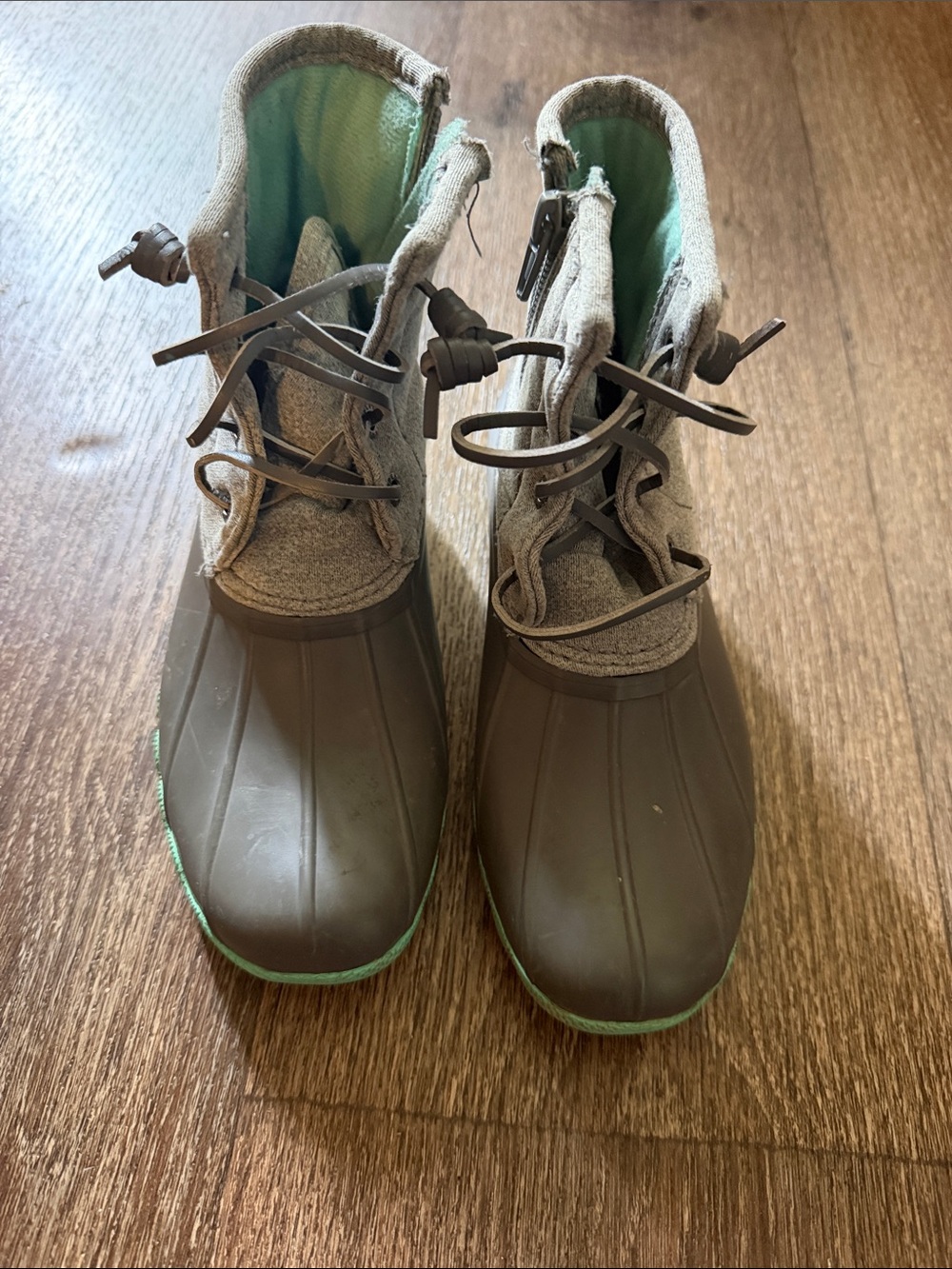 Sperry Brown Duck Boots with Mint Green Accents
